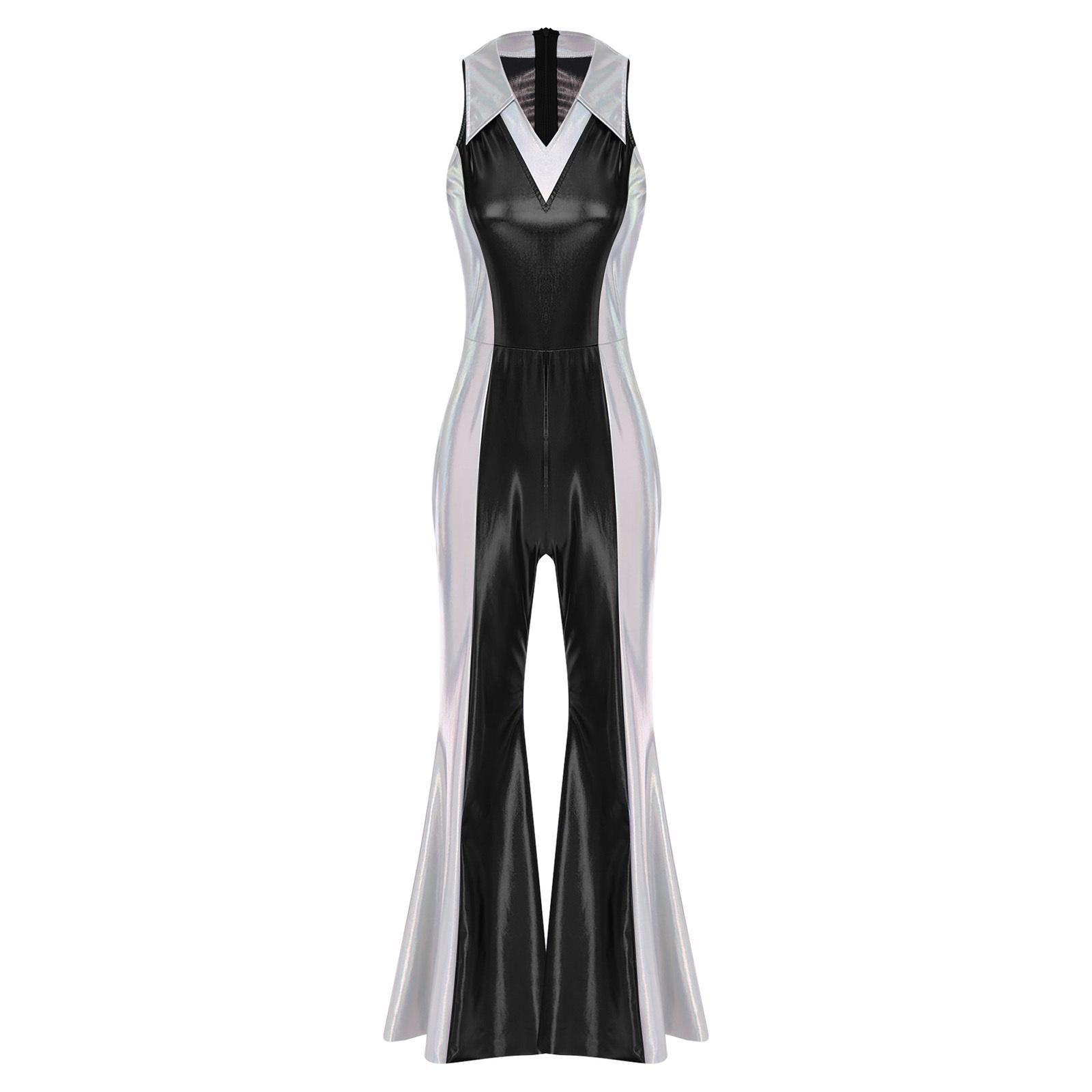

Womens Disco Jumpsuit 70s 80s Style Lapel V Neck Sleeveless Metallic Shiny Flared Pants Romper S чорний