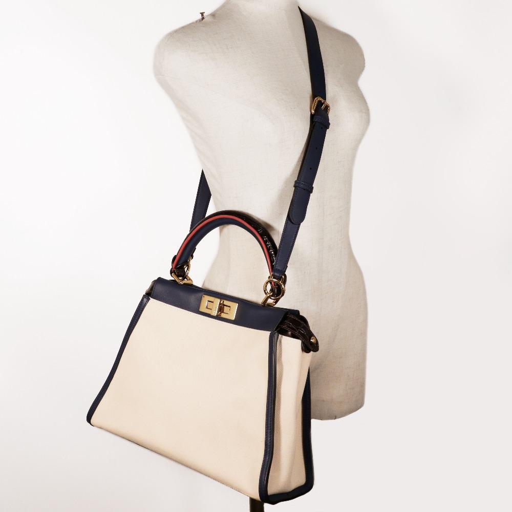 Fendi Peekaboo Handbag 8BN290 2WAYShoulder White / Navy canvas/Calfskin Women Used
