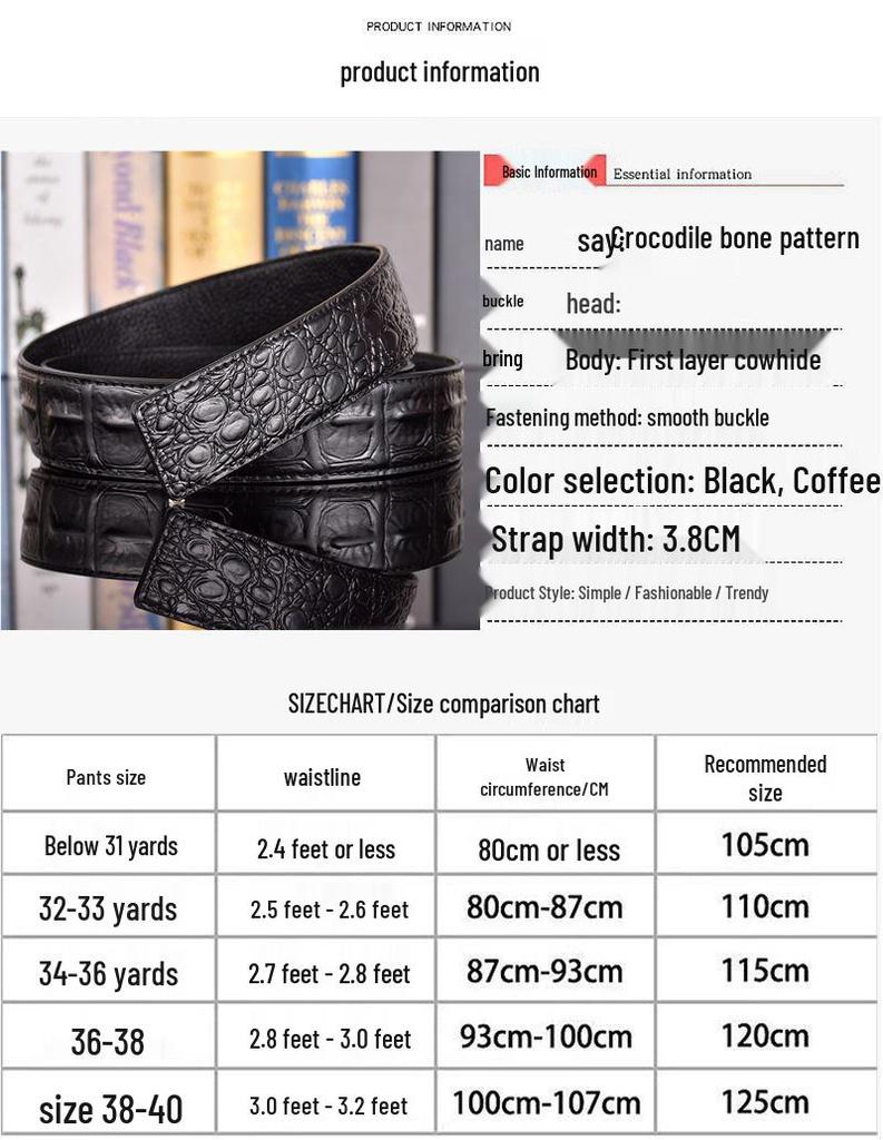 Crocodile Pattern Headless Men's Leather Belt, Perforated Belt Strip, Genuine Top-Layer Cowhide.