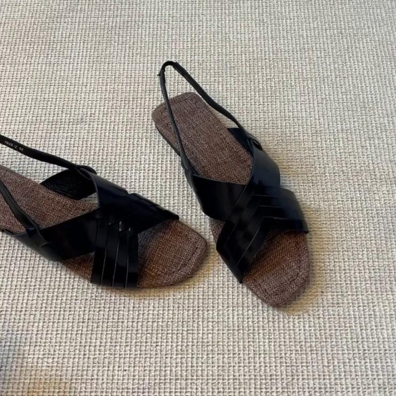 Sheepskin version~ Vintage woven cross-strap flat-soled Roman shoes back strap versatile square head casual open-toed sandals women