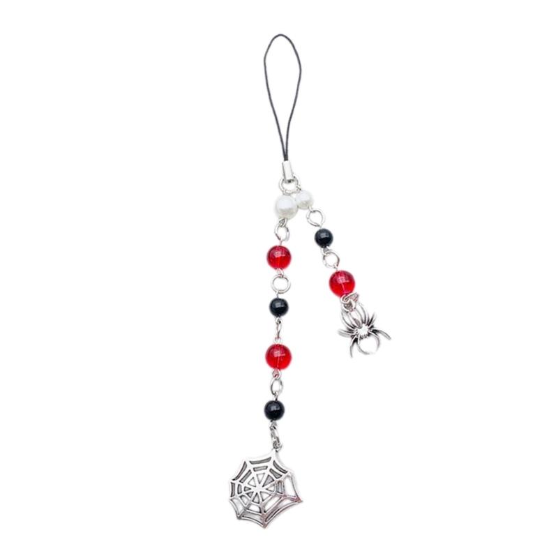 Handmade Beaded Phone Chain Halloween Spiderweb Cellphone Charm Colorful Keyring Pendant Keychain Jewelry Accessory