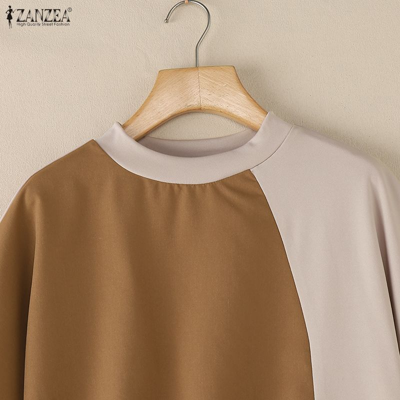 ZANZEA Women Casual Stand Collar Short Sleeve Patchwork Tee Shirts