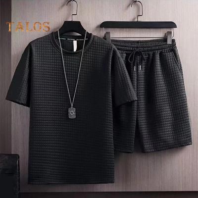 2Pcs/Set Men Outfit Waffle Fabric Solid Color Sports Suit Round Neck Short Sleeve Top Drawstring Shorts Set Casual Sportswear