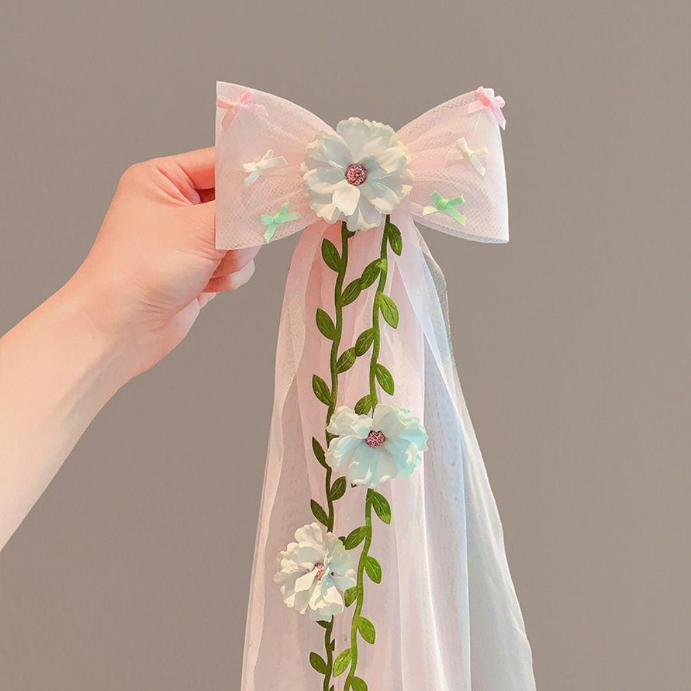 Flower Girls Tulle Wreath Wedding Princess Headwear White Bow Garland Veils for Kids