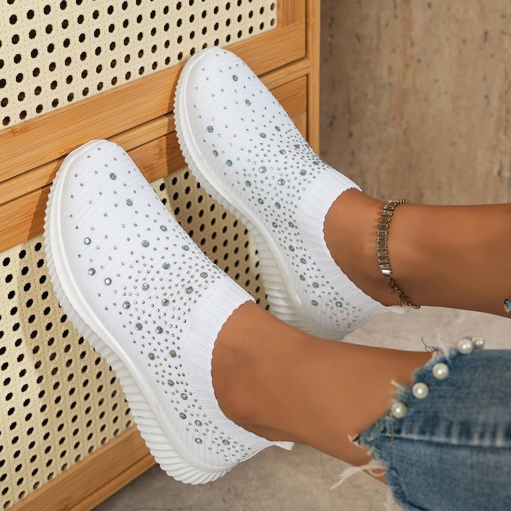 Sneakers Frau Glänzender Kristall Flache Schuhe Frühling Atmungsaktive Strick-Plateau-Sneakers Frau Bequeme Weiche Sohle Sportschuhe