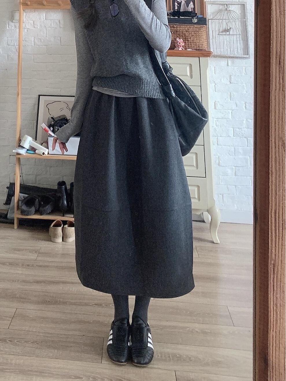 Deep Heather Grey Wool Flower Bud Women s High Waist Mid-Length Skirt (Autumn/Winter 2025) Extra Large