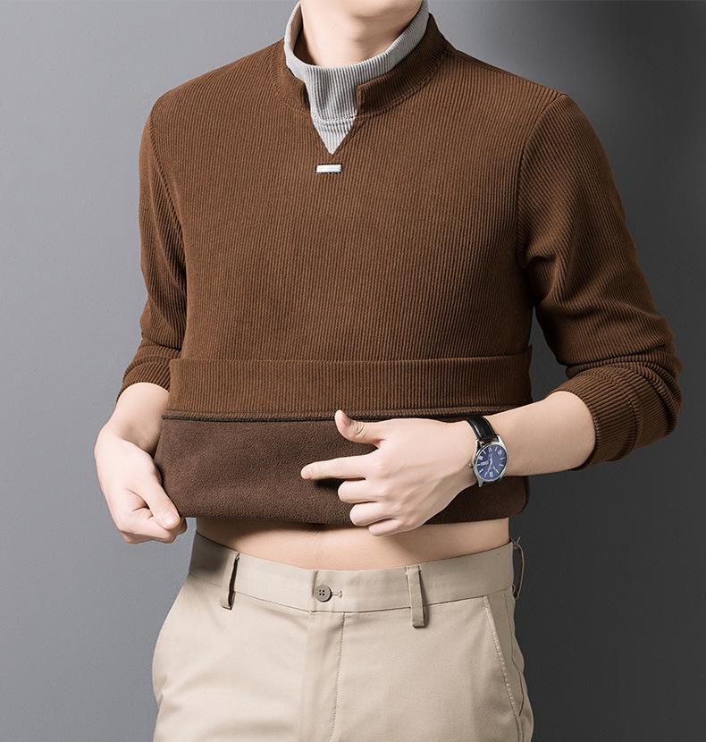 Men's Autumn/Winter Thickened Long-Sleeve Top, Half-High Collar, Plus Velvet Warm Knit Base Layer.