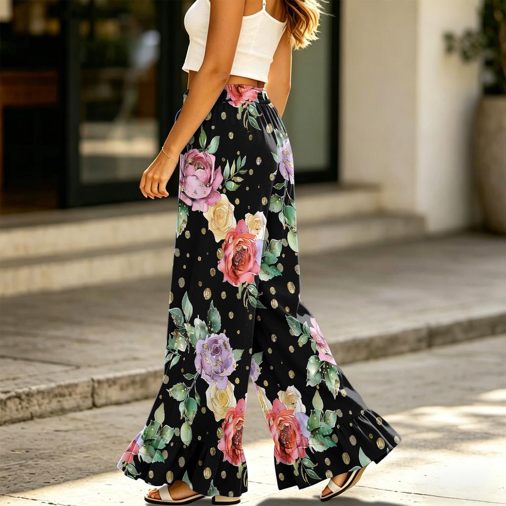 Women's Wide Leg Pants with Pockets High Waist Drawstring Casual Loose Fit Long Trousers Floral Print Lightweight Soft Fabric