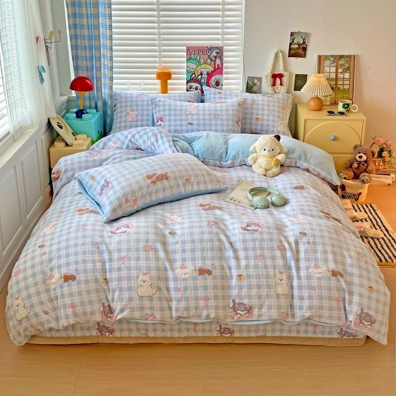 

Thickened Milk Fleece Bed Four-Piece Coral Fleece Quilt Cover Double-Sided Flannel Fleece Bed Sheet Three-Piece Set 200x230cm Single Quilt Cover