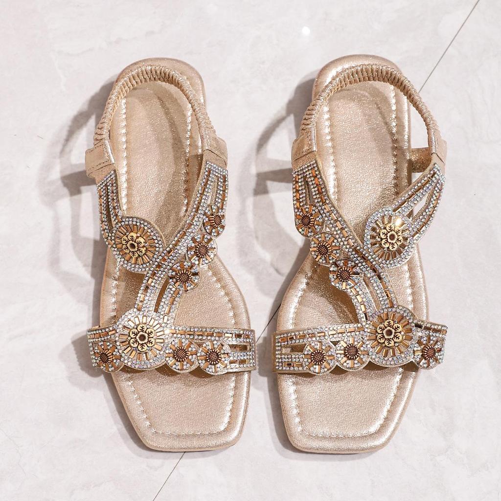 2026 Summer Chic Rhinestone Square Toe Sandals with Elastic Strap and Chunky Heel - Plus Size Women's Footwear