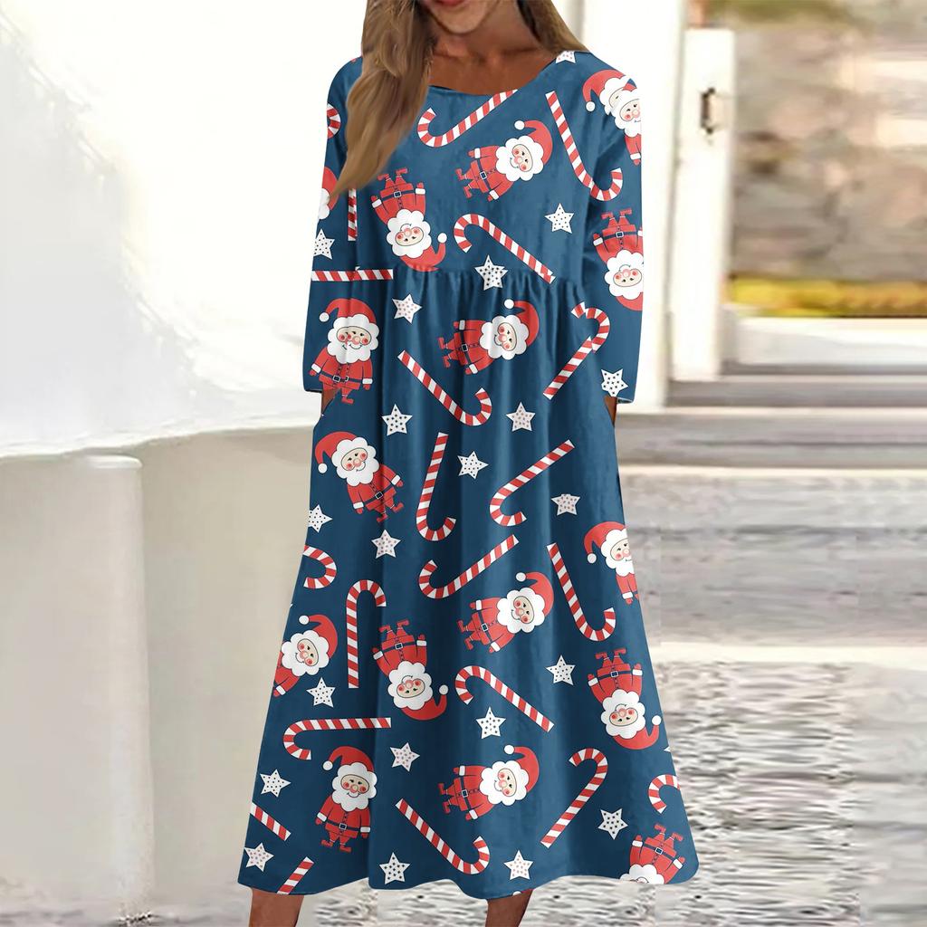 Women's Casual Round Neck Christmas Print Midi Dress Long Sleeve Pocket Dress