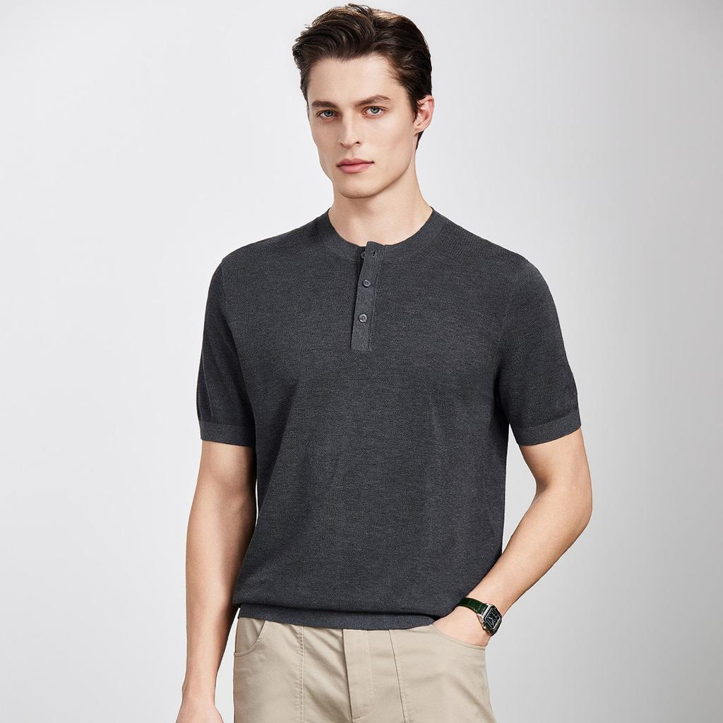 Men's Summer Mulberry Silk Blend Henley Collar T-Shirt