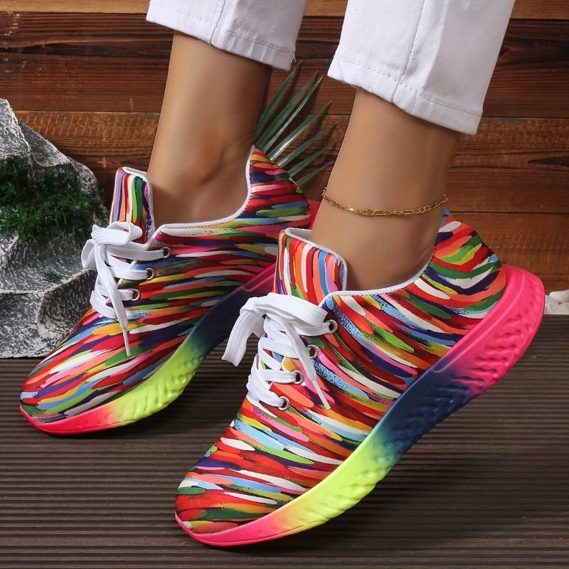 Sko i stor størrelse Fargerike stripete snøresko Rund tå Sport Enkelsko Regnbuesåle Sneakers