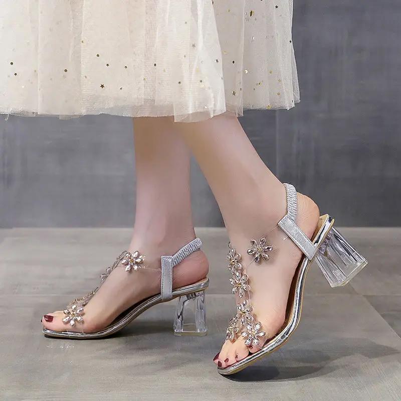 Fashion Open Toe Roman Style Ladies Shoes Summer 2024 Block Heel with Medium Heels Rhinestones Footwear High Sandals for Women Sandal F