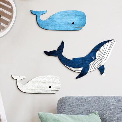 3 Stück Holzwal Wandkunst Nautisch Küstenmotiv Blau und Weiß Wal Wanddekoration Rustikal Meeresfisch Wandbehang