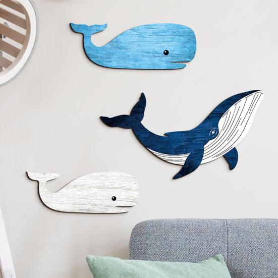 3 Stück Holzwal Wandkunst Nautisch Küstenmotiv Blau und Weiß Wal Wanddekoration Rustikal Meeresfisch Wandbehang