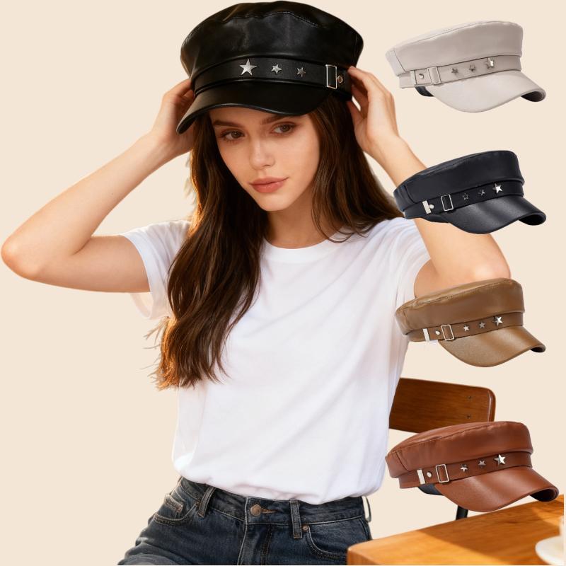 1pc Women Beret Cap with Black Star Embroidery,Solid Color Retro Hat,Korean Style Casual Flat Top Newsboy Hat for Outdoor,Travel