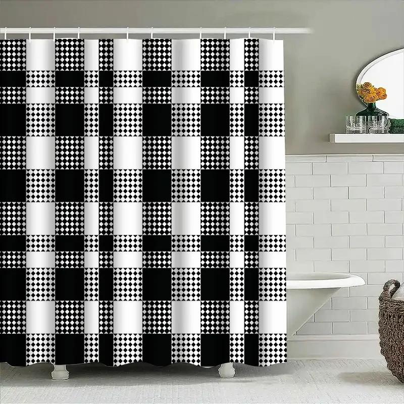 Checkered Shower Curtain: Black And White Bathrooms Decor For Home Supplies Customizable Size Waterproof Fabric With Rings Inclu