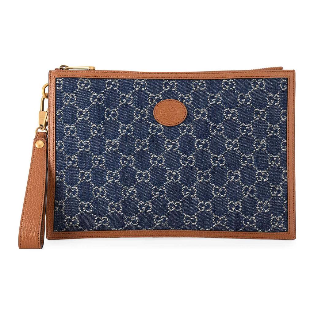 Gucci Double G Series Logo Interlocking Double G Emblem Denim And Leather Clutch Men clutch Blue Brown 672953-2KQGT-8375