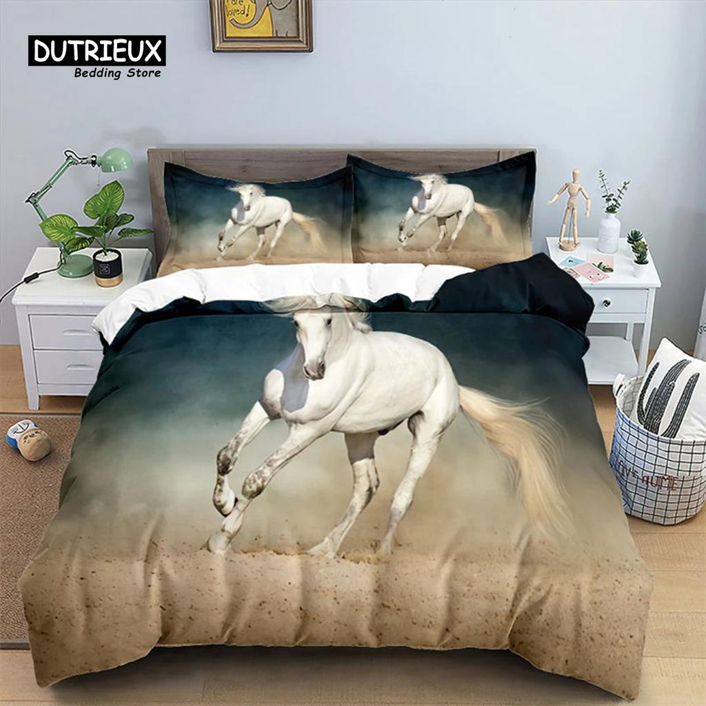 Horse Comforter Cover Set For Kids Toddler Farm Animal Pattern Bedding Set Boys Girls 3 Piece Farmhouse Cowboy Duvet Cover Set