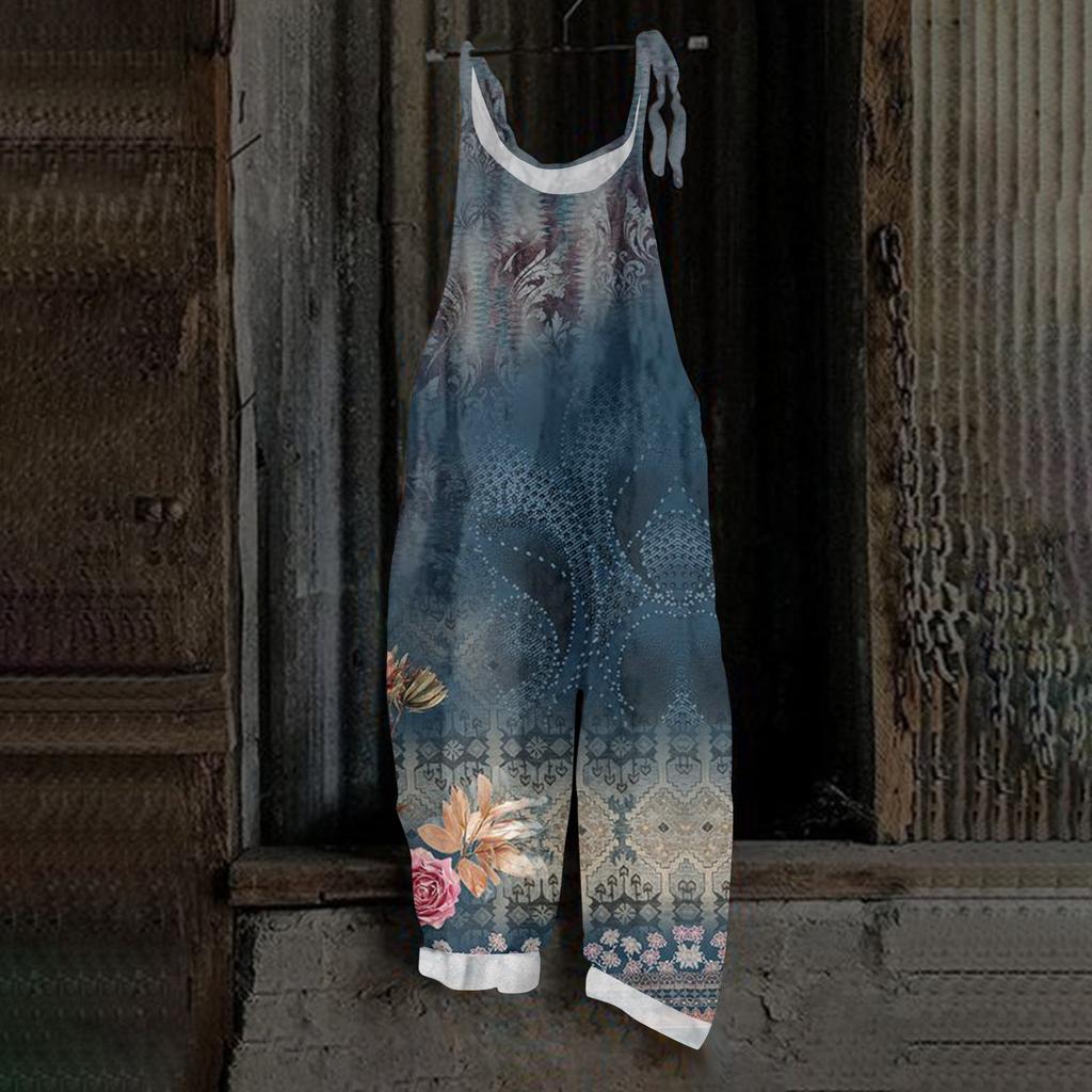 Women's Jumpsuit Floral Vintage Print Casual Loose Retro Cotton Linen Back Pants
