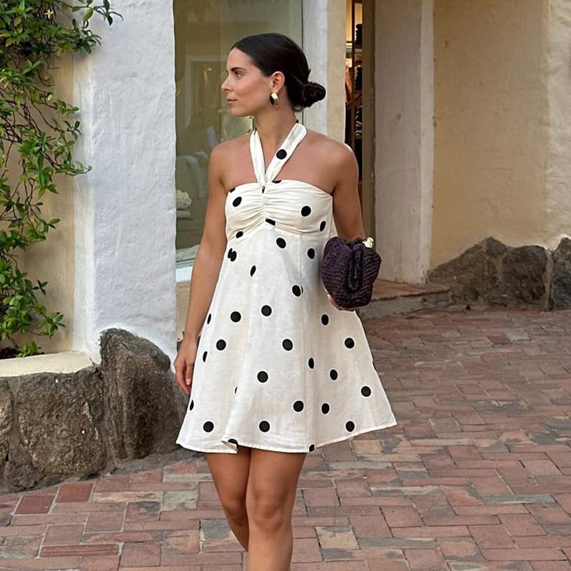 Polka Dot Halter Mini Dress Women Double Layer Lace Up Backless Boho Dresses Female Printed Dress For Beach Holiday Vestidos