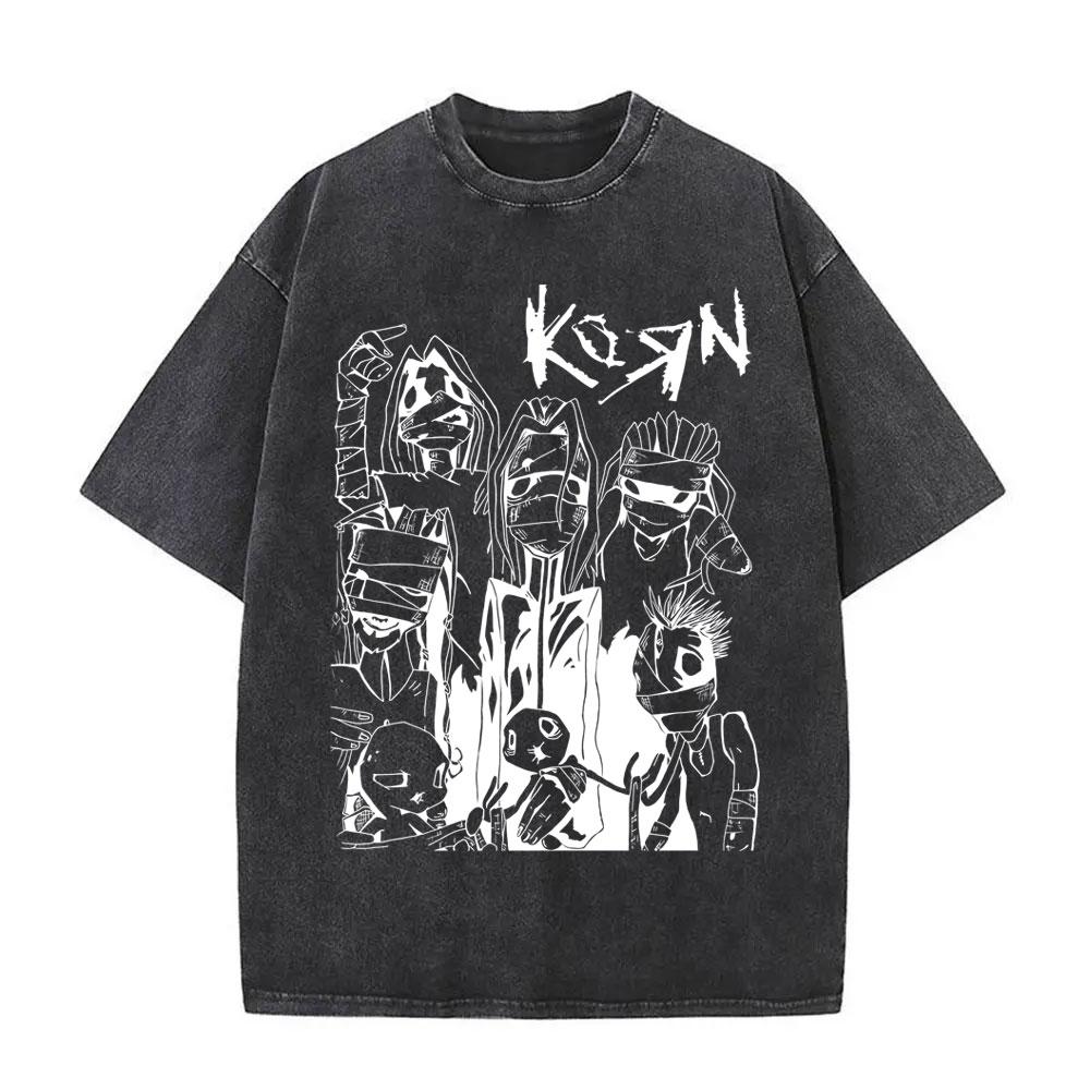 Washed Vintage Rock Band Korn Follow The Leader Double Sided Print Tshirt Rare Nu Metal Music Tees Men Gothic Oversized T Shirt