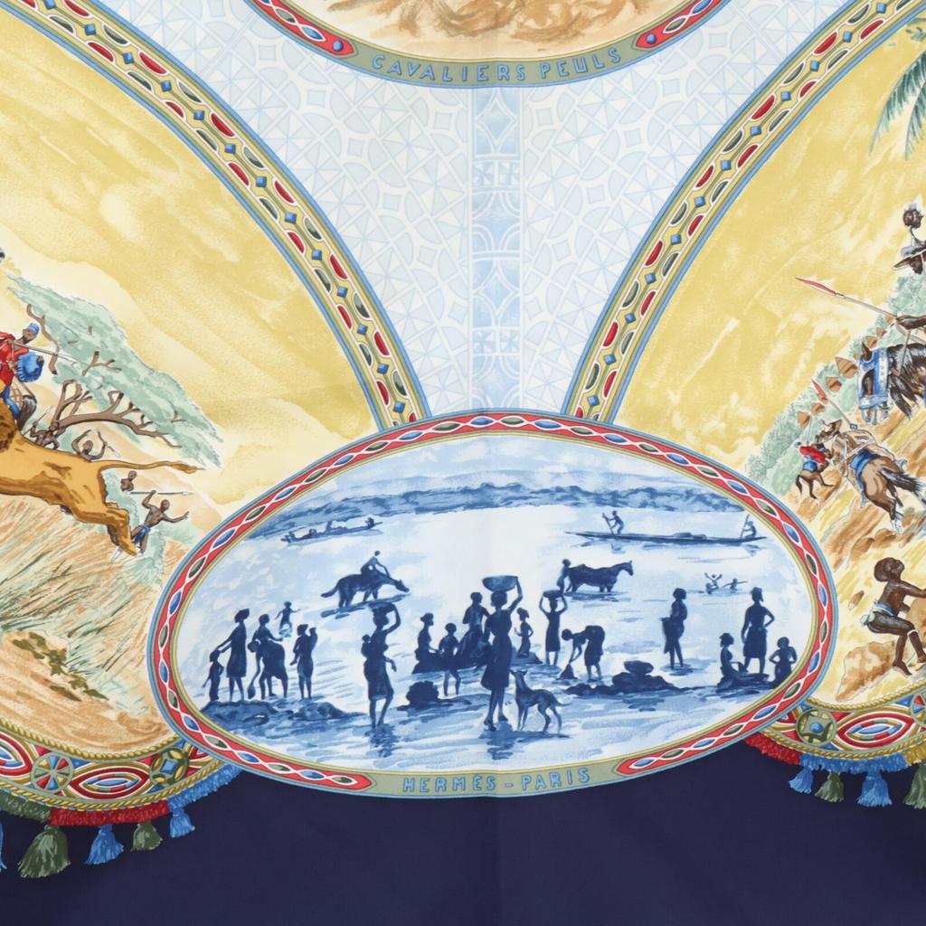 HERMES [Excellent Condition] CAVALIERS PEULS Silk Carre90 scarf Navy / multicolorUsed