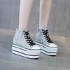 Fashion Autumn Winter 2025 Women's Vintage High-top Canvas Sneakers In Distressed Denim with Thick Platform Wedges and Super High Heels