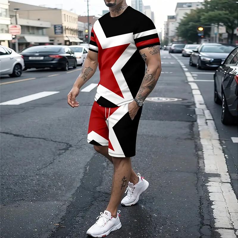 New Men's Striped Letter Pattern Printed Short-Sleeved T-Shirt Set Summer Short-Sleeved T-Shirt Drawstring Shorts 2-Piece Set