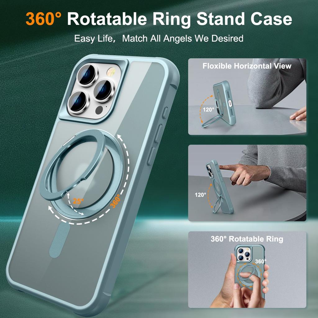 For iPhone 16 Pro Max Case Compatible with MagSafe Rotatable Ring Kickstand TPU+PC Phone Cover