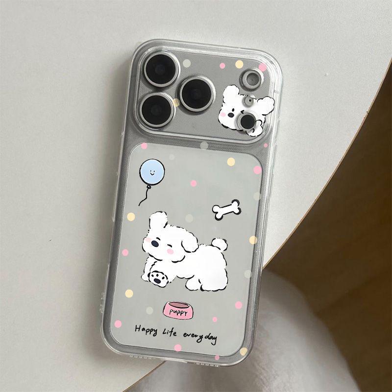 

Colorful Polka Dot Puppy Case for Apple 17ProMax, 14Pro, 14, 15, 16, XS, XR – Transparent with Precise Cutouts. Apple 15 Pro Max