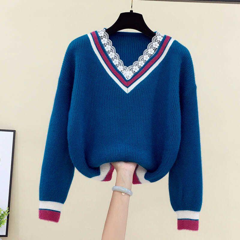 Sweater Women's Lace V-neck Pullover Winter Loose and Versatile Short Knitted Sweater Top