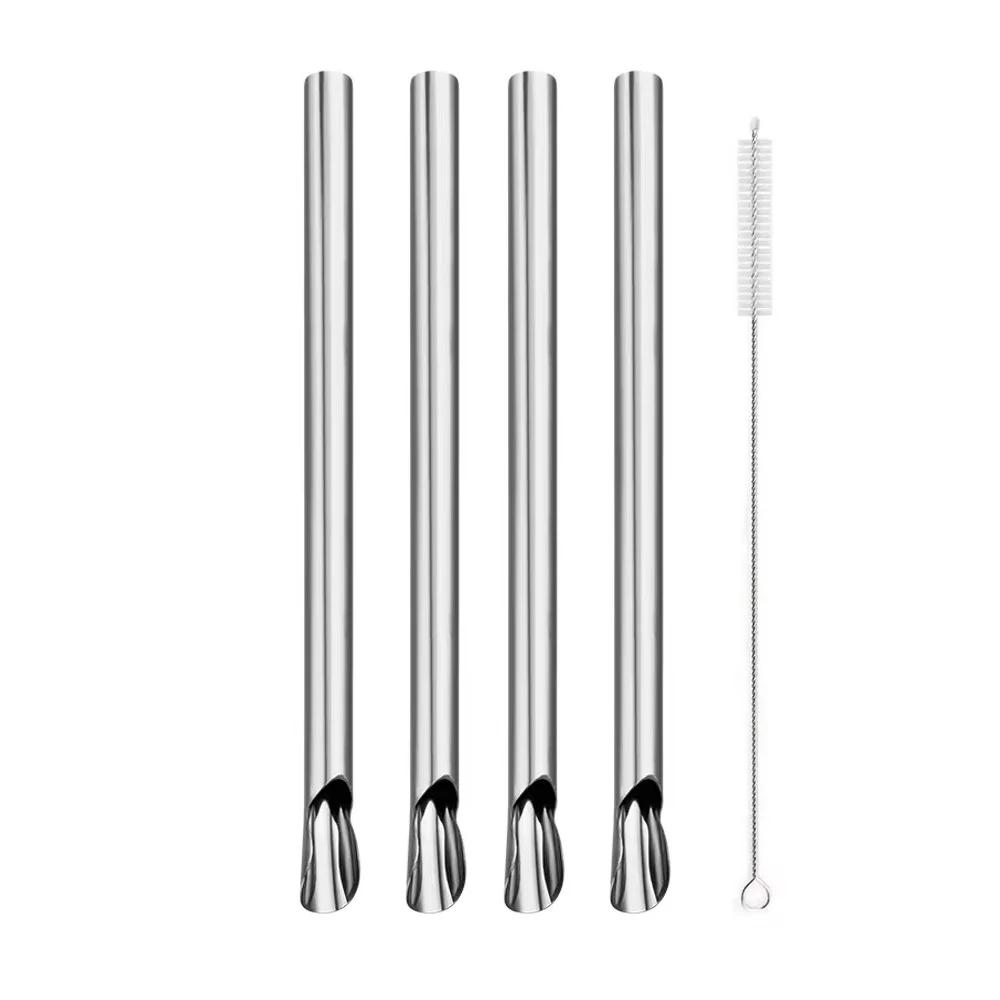 

4 шт. Многоразовая ложка-соломинка из нержавеющей стали, ложка для перемешивания, долговечная питьевая соломинка с набором щеточек, барная креативная цветная соломинка