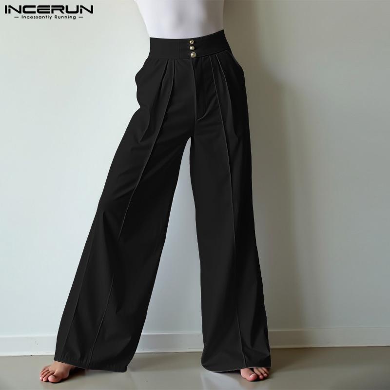 INCERUN Oversized Men Zipper High Waist Solid Casual Wide Leg Pants with Pockets