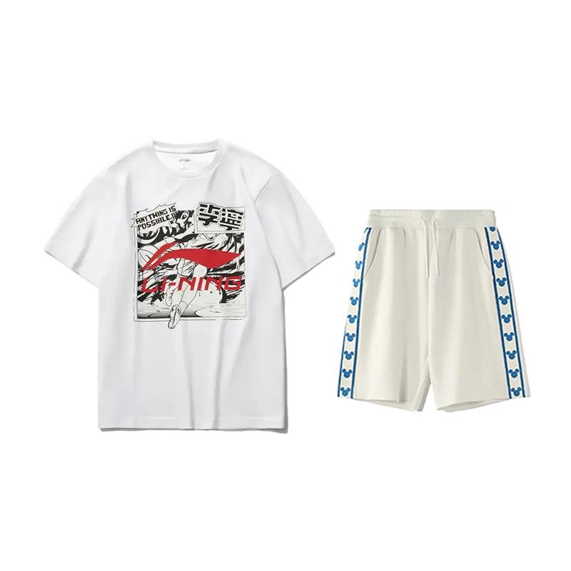 Li Ning Logo Print Round Neck Loose Short Sleeve T-Shirt Comfortable Versatile Skin-Friendly Shorts Casual Sports Set Unisex Set AHSUA21-1+YKSV129-1