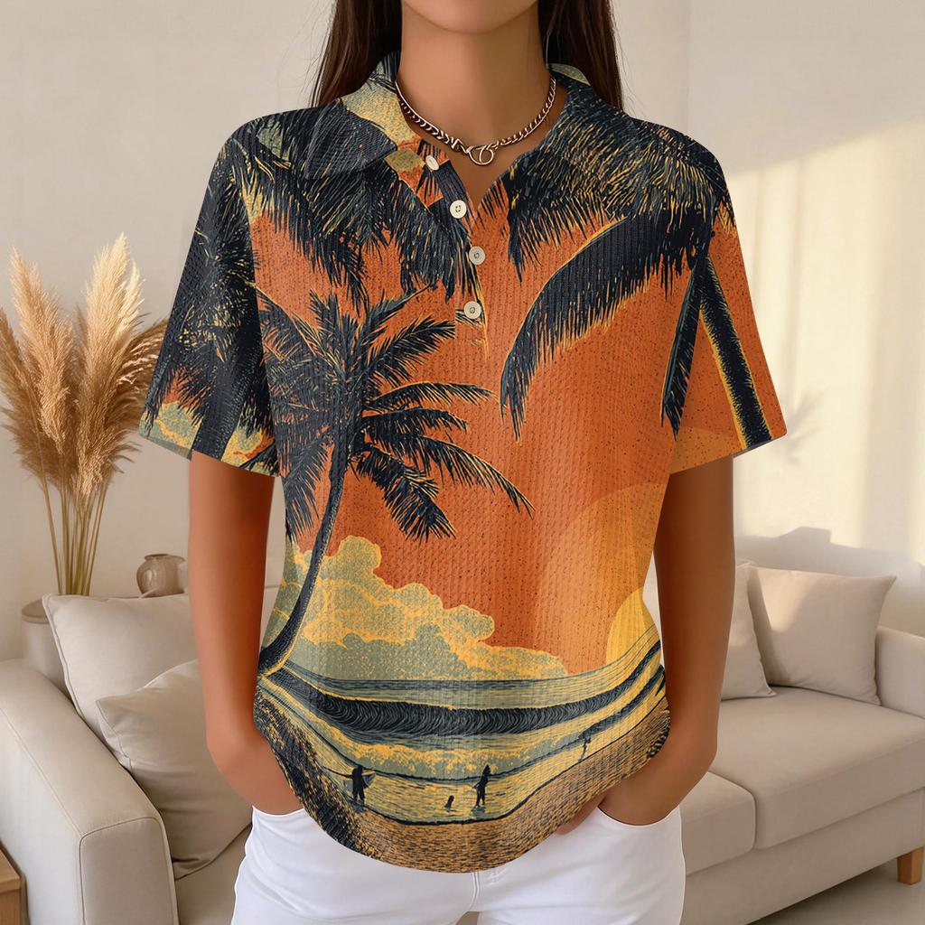 Women’s Casual Short Sleeve Knit Collared Shirt with Hawaiian Style Turtle Print Button Down Summer Top