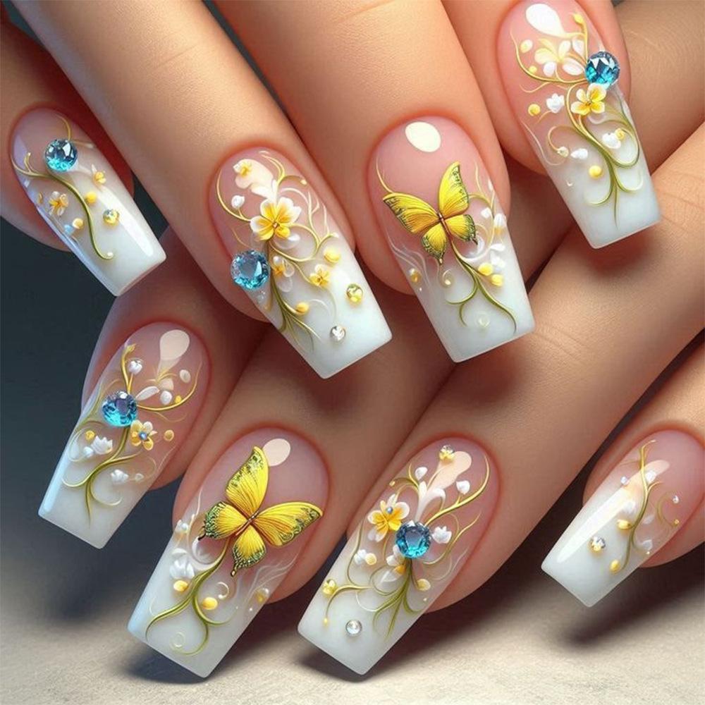 24 Piezas Diseño de Perlas Longitud Media Ballet Cobertura Completa Cuadrado Uñas Postizas Puntas de Uñas Falsas Set de Manicura