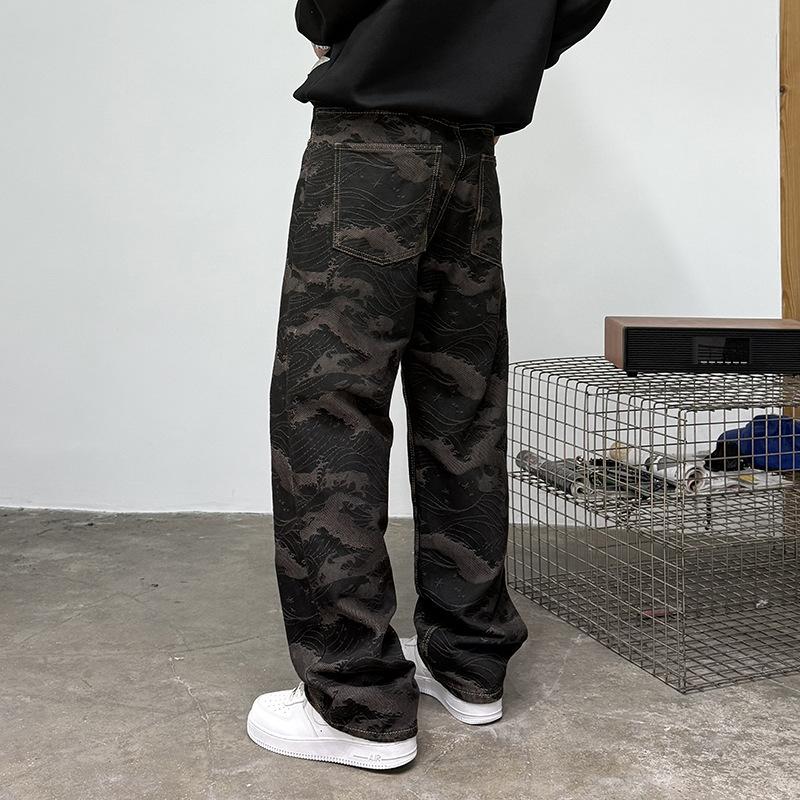 American High Street Jacquard Jeans Boys Trendy Brand Ruffian Handsome Personality Retro Street Popular Straight Wide-leg Pants