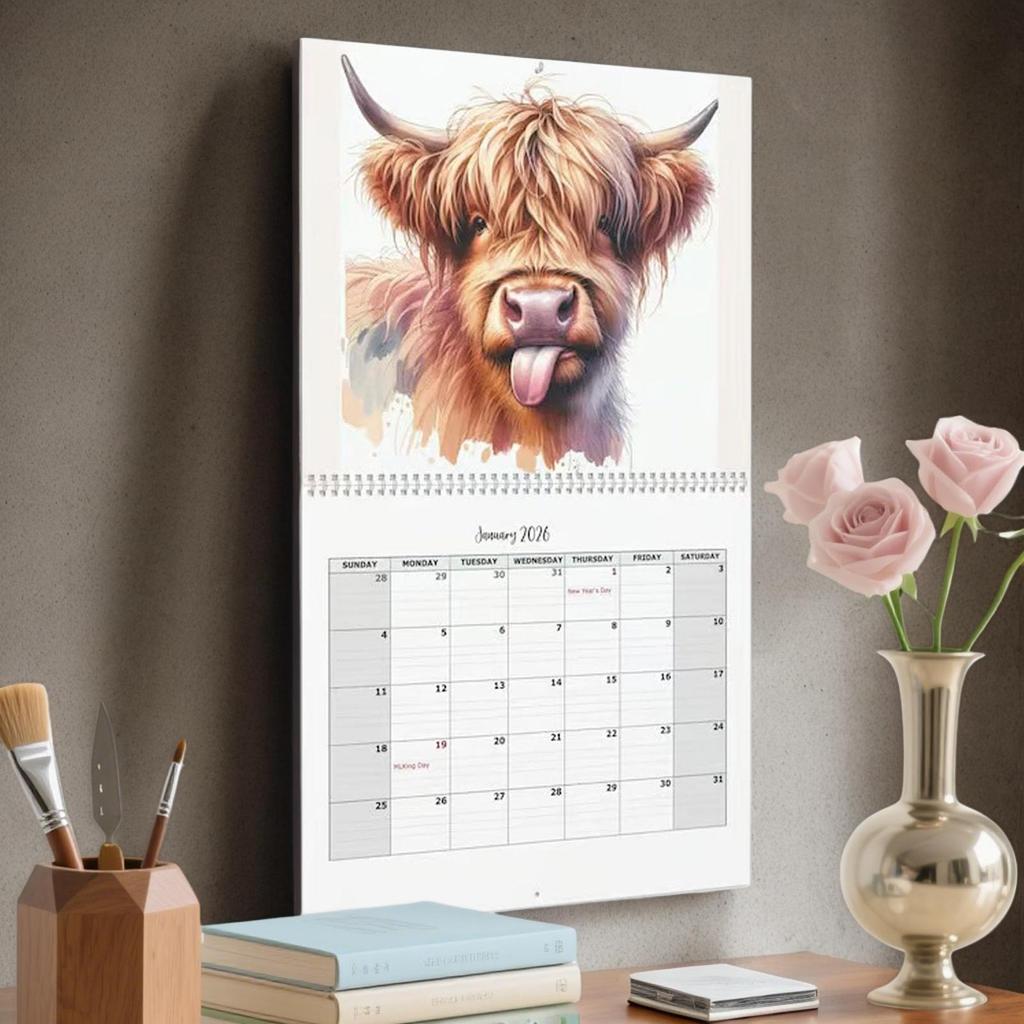 2026 Wall Calendar Highland Cattle Calendar Funny Highland Cow Thick Paper Monthly Planner Home Wall Decorations New Year Gifts