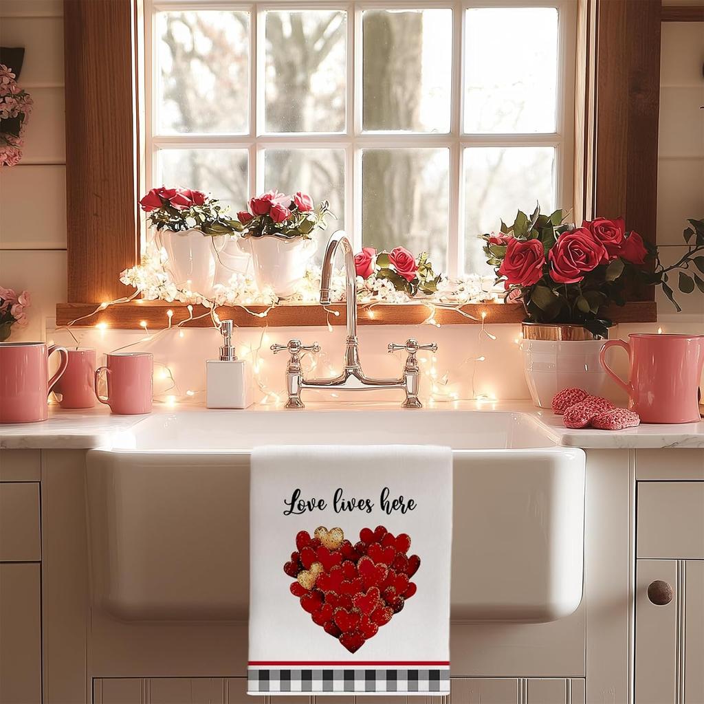 ARKENY Valentines Day Kitchen Towels Set of 2,Red Heart Love Dish Towels 18x26 Inch Drying Dishcloth,Farmhouse Home Daily Seasonal Decoration AD413