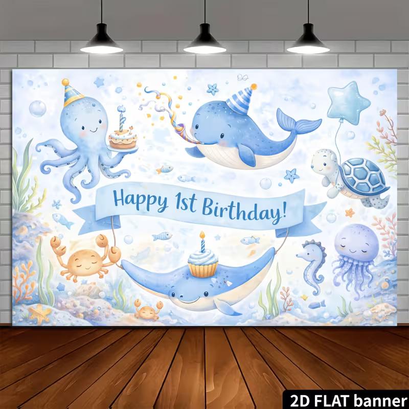 2D Watercolor Ocean Animals 1st Birthday Backdrop Underwater Party Supplies