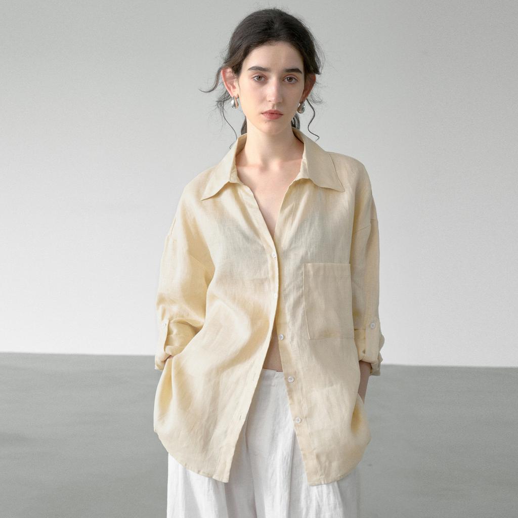 % Flax light and thin long-sleeved women's shirt spring and summer new solid color high-end loose women's shirt