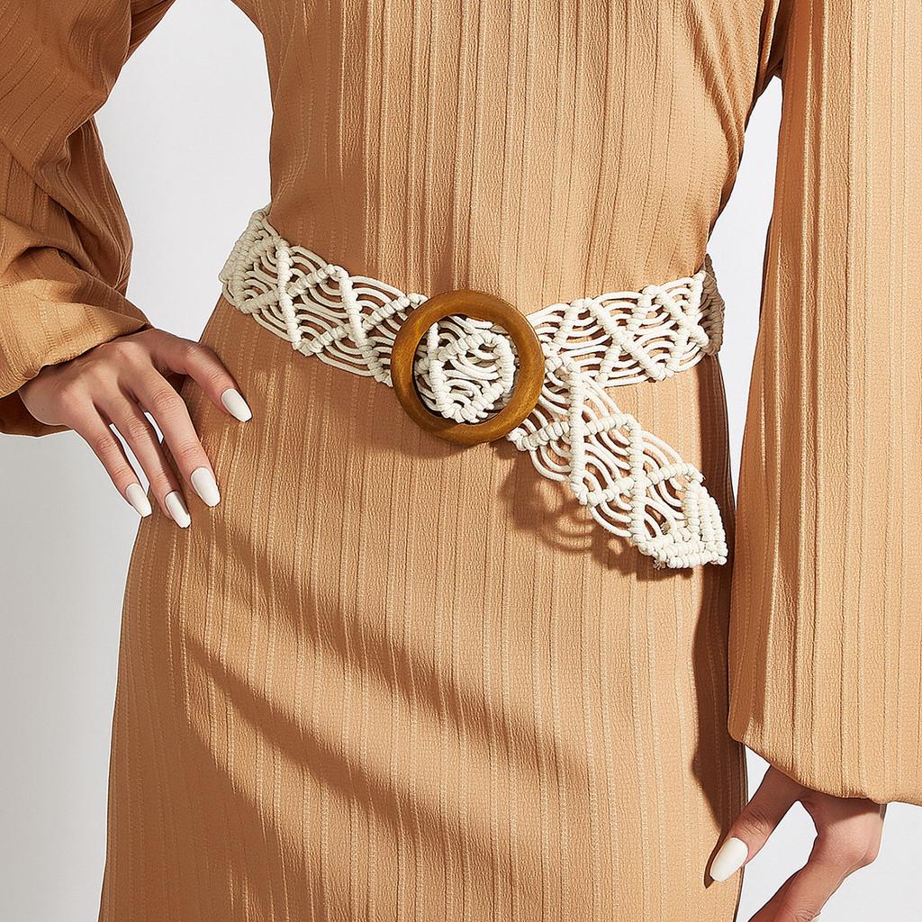 Cotton Retro Linen Belt Women Handmade Woven Waistband Round Wooden Buckle Dress