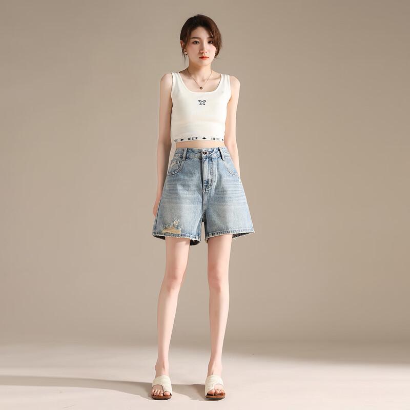 RAIN.CUN Petite Distressed High-Waist Relaxed Fit Denim Shorts