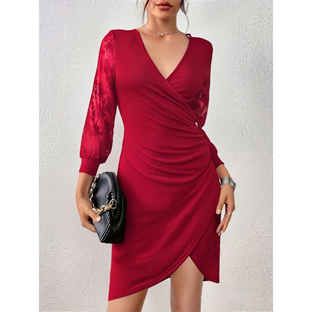 Damen V-Ausschnitt Langarm Spitze Patchwork Bodycon Hohe Taille Elegant Wickel Mini Kleid