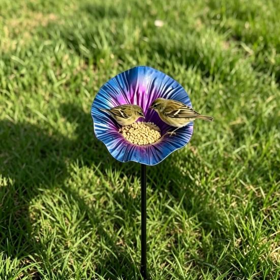 Metal Flower Bird Bath, Decorative Garden Bird Bath Feeder, Outdoor Wild Bird Feeder with 2-Prong Base for Garden Backyard Decor