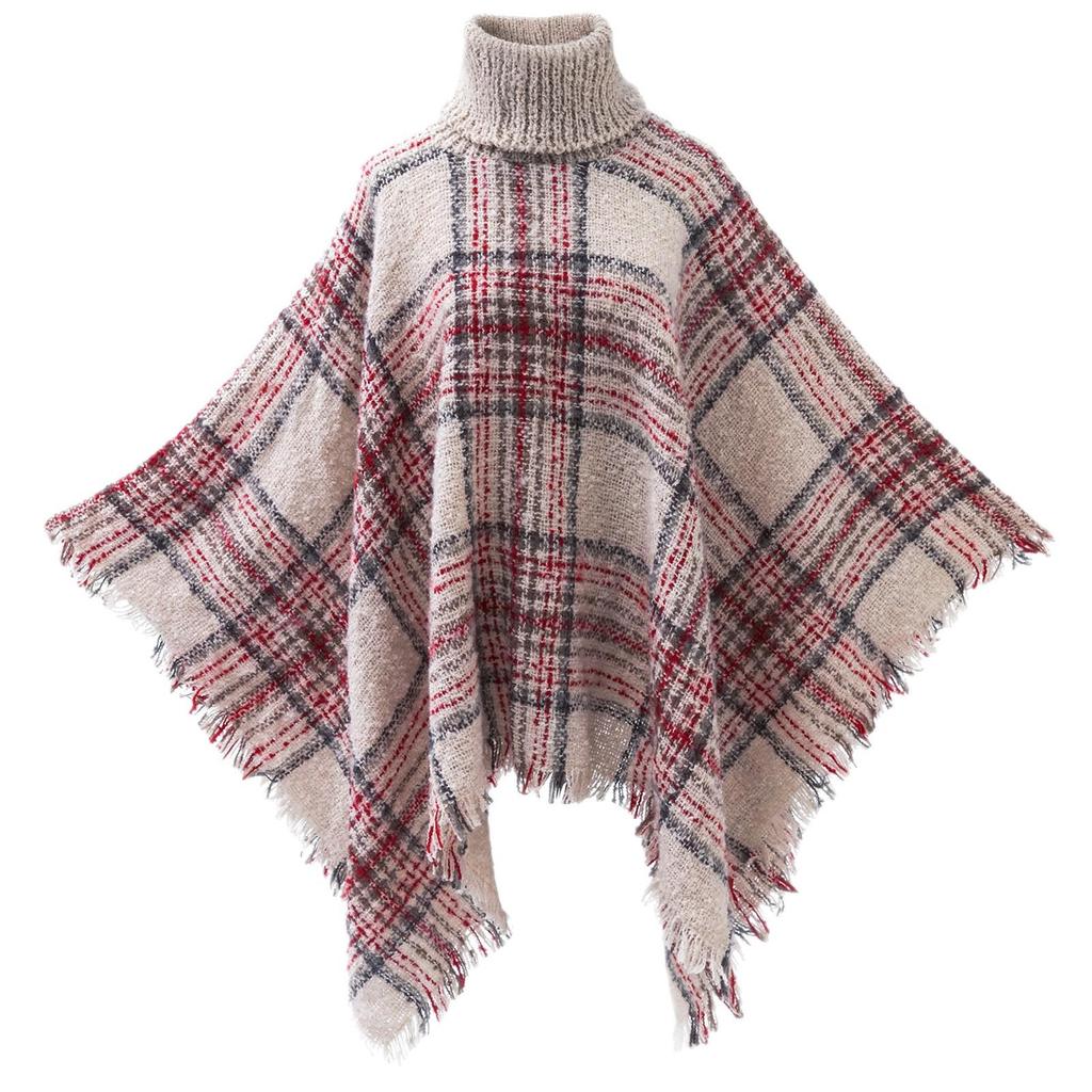 Plaid Tassel Pullover Shawl with High Collar - Plus Size, Autumn/Winter Collection