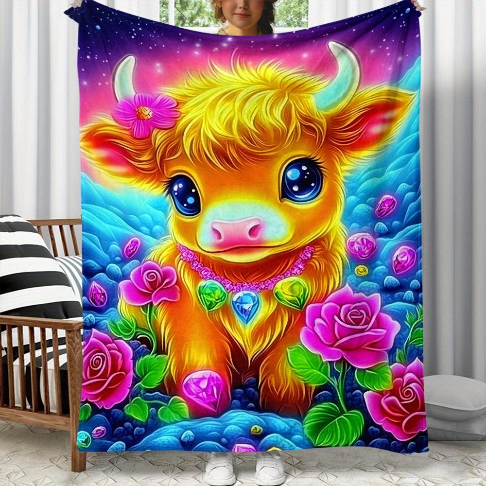 Colorful Rainbow Cow with Flowers and Gems Fleece Blanket Whimsical Animal Art Soft Plush Throw Blanket for Kids Room Decor