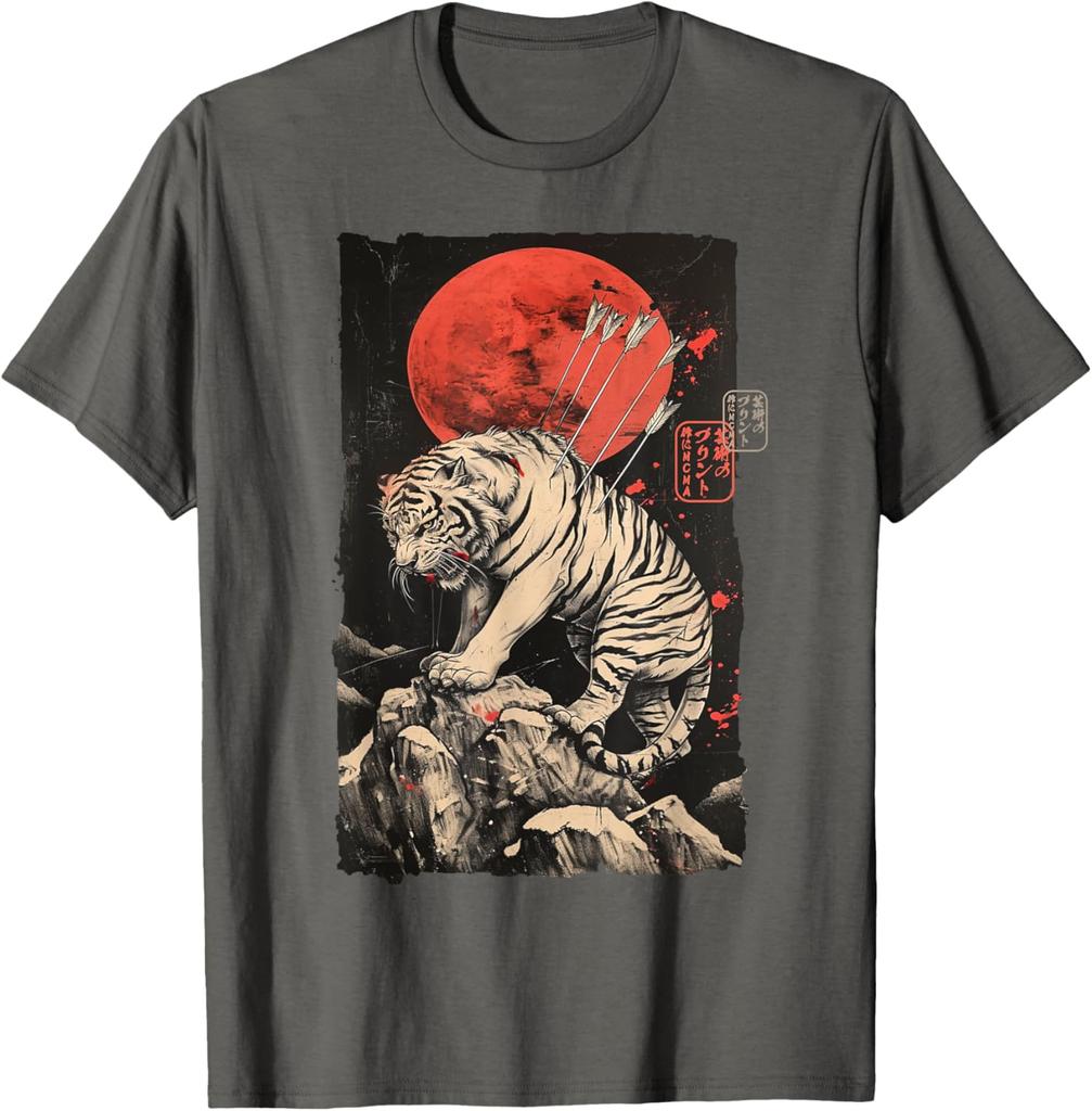 Wounded Tiger with Arrows Japanese Art Graphic Tee Mens Casual Round Neck TShirt Breathable Print